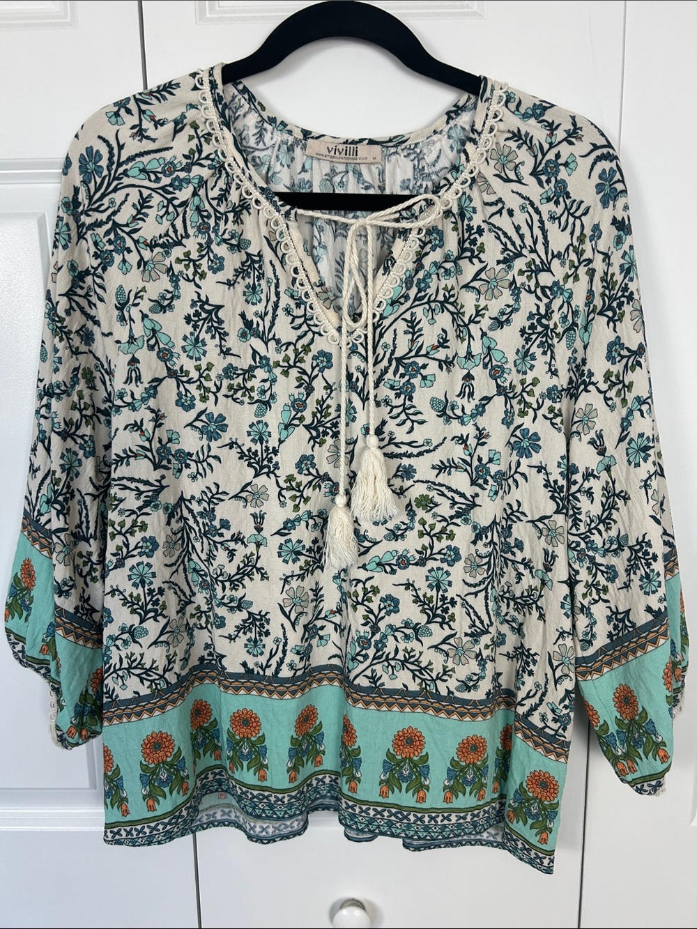 ViVilli Cream Tunic with Teal & Navy Floral Border Size Medium